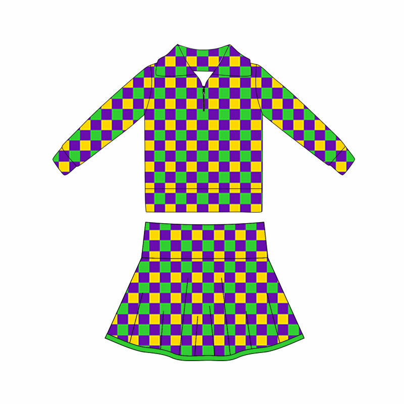 (Pre-order)GLD1397 Plaid Zipper Top Skirts Girls Mardi Gras Yoga Clothes Set