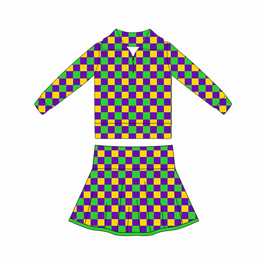 (Pre-order)GLD1397 Plaid Zipper Top Skirts Girls Mardi Gras Yoga Clothes Set
