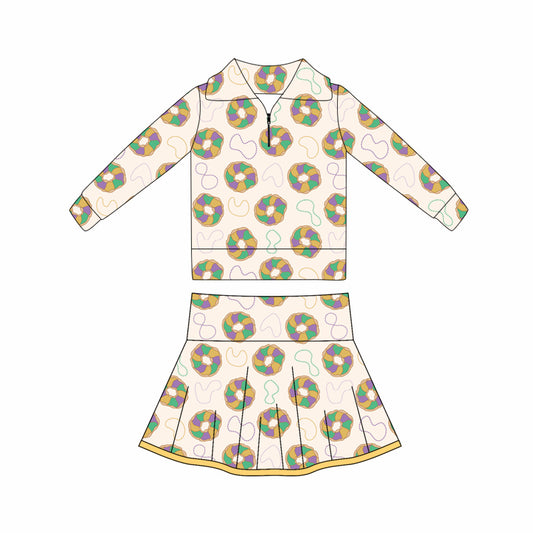 (Pre-order)GLD1398 Donut Zipper Top Skirts Girls Mardi Gras Yoga Clothes Set