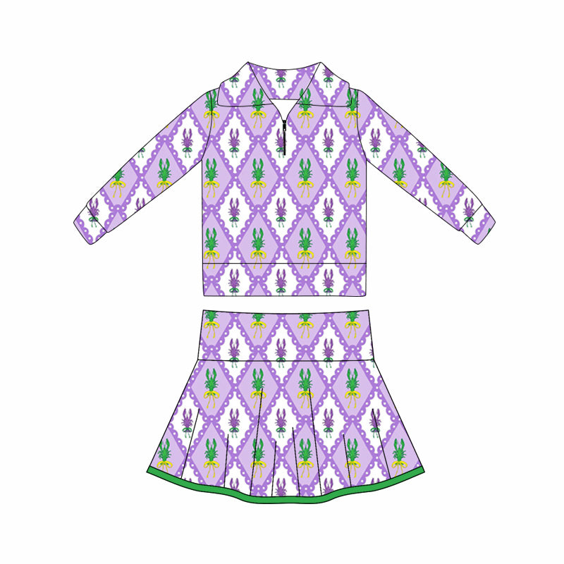 (Pre-order)GLD1399 Crayfish Bows Zipper Top Skirts Girls Mardi Gras Yoga Clothes Set