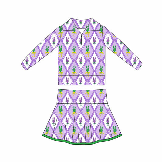 (Pre-order)GLD1399 Crayfish Bows Zipper Top Skirts Girls Mardi Gras Yoga Clothes Set