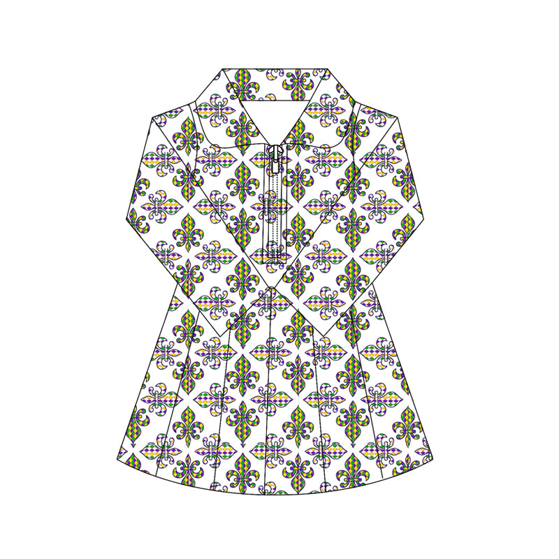 (Pre-order)GLD1405 Anchor Print Girls Mardi Gras Zipper Knee Length Yoga Dress