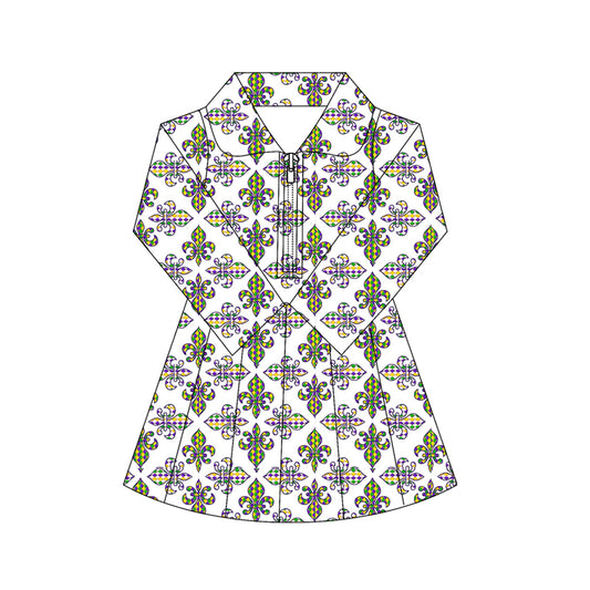 (Pre-order)GLD1405 Anchor Print Girls Mardi Gras Zipper Knee Length Yoga Dress