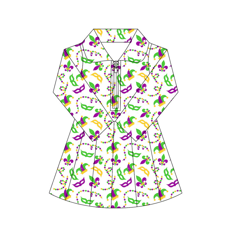 (Pre-order)GLD1406 Anchor Mask Hat Print Girls Mardi Gras Zipper Knee Length Yoga Dress