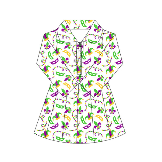 (Pre-order)GLD1406 Anchor Mask Hat Print Girls Mardi Gras Zipper Knee Length Yoga Dress