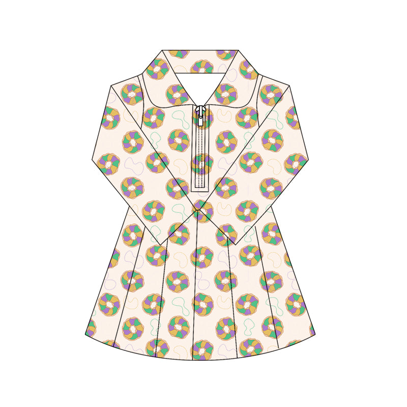 (Pre-order)GLD1408 Donut Print Girls Mardi Gras Zipper Knee Length Yoga Dress