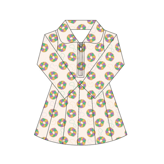 (Pre-order)GLD1408 Donut Print Girls Mardi Gras Zipper Knee Length Yoga Dress