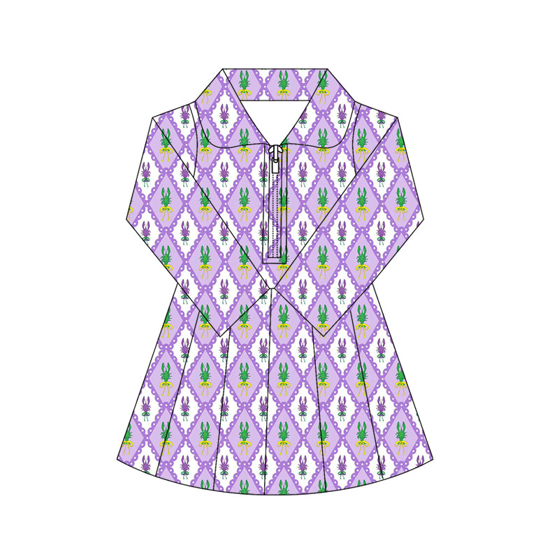 (Pre-order)GLD1409 Crayfish Bows Print Girls Mardi Gras Zipper Knee Length Yoga Dress