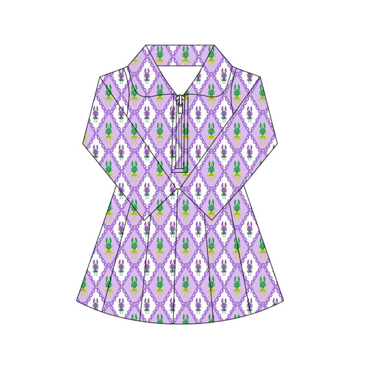 (Pre-order)GLD1409 Crayfish Bows Print Girls Mardi Gras Zipper Knee Length Yoga Dress