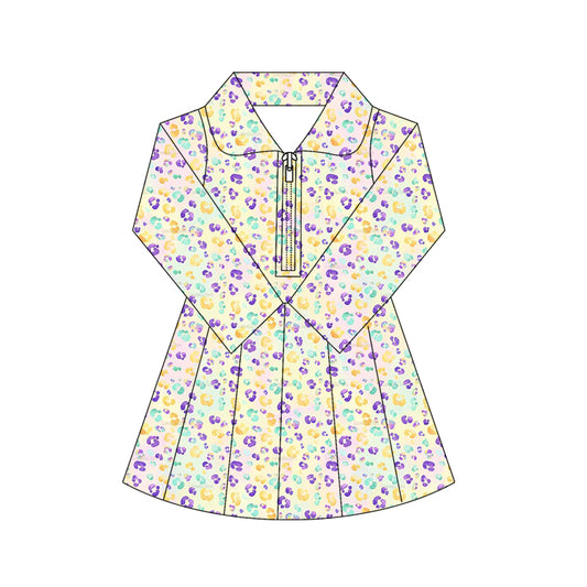 (Pre-order)GLD1410 Colorful Leopard Print Girls Mardi Gras Zipper Knee Length Yoga Dress