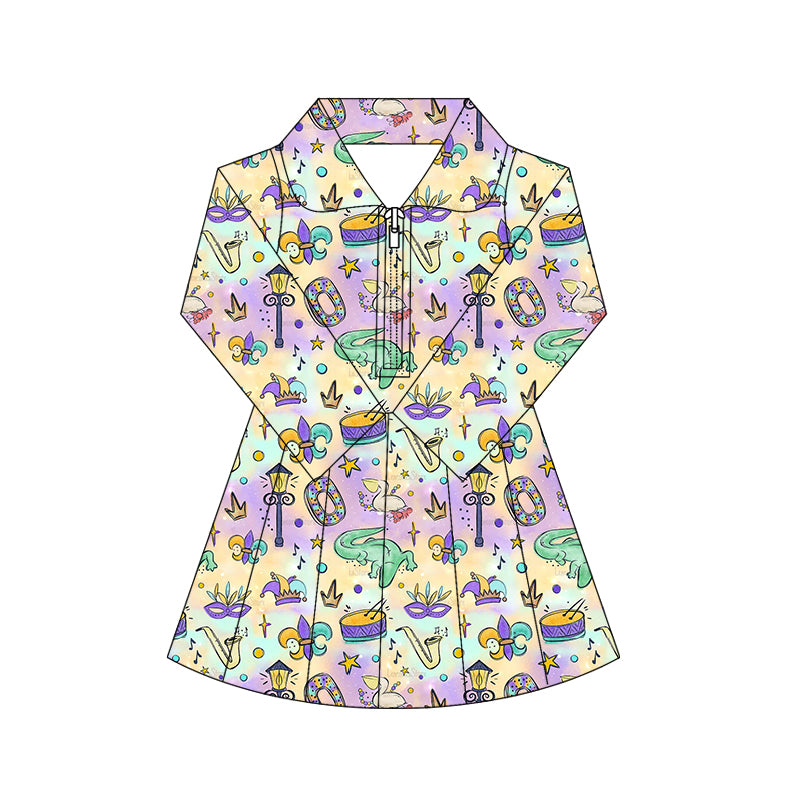 (Pre-order)GLD1411 Mask Hat Anchor Crocodile Print Girls Mardi Gras Zipper Knee Length Yoga Dress