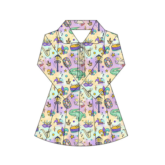 (Pre-order)GLD1411 Mask Hat Anchor Crocodile Print Girls Mardi Gras Zipper Knee Length Yoga Dress