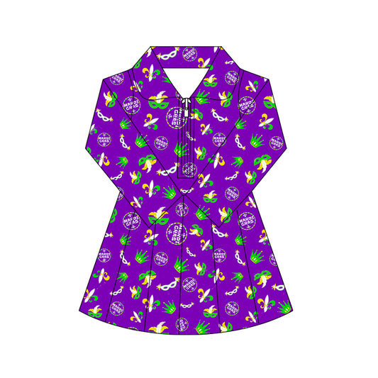 (Pre-order)GLD1413 Mask Anchor Purple Print Girls Mardi Gras Zipper Knee Length Yoga Dress