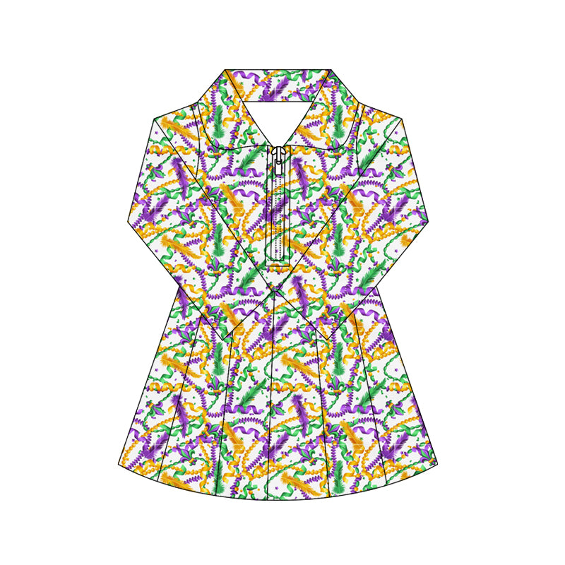 (Pre-order)GLD1414 Feather Anchor Print Girls Mardi Gras Zipper Knee Length Yoga Dress