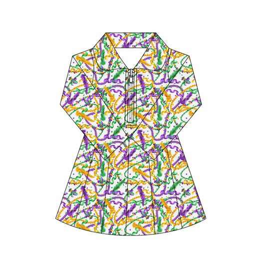 (Pre-order)GLD1414 Feather Anchor Print Girls Mardi Gras Zipper Knee Length Yoga Dress