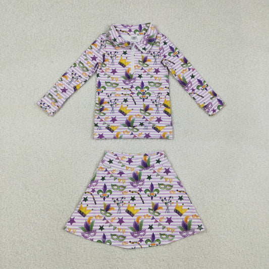 GLD1415 Anchor Mask Stars Zipper Top Skirts Girls Mardi Gras Yoga Clothes Set