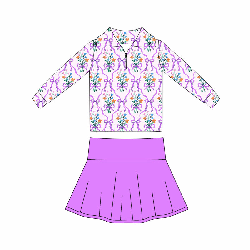 (Pre-order)GLD1416 Flowers Bows Zipper Top Purple Skirts Girls Yoga Clothes Set