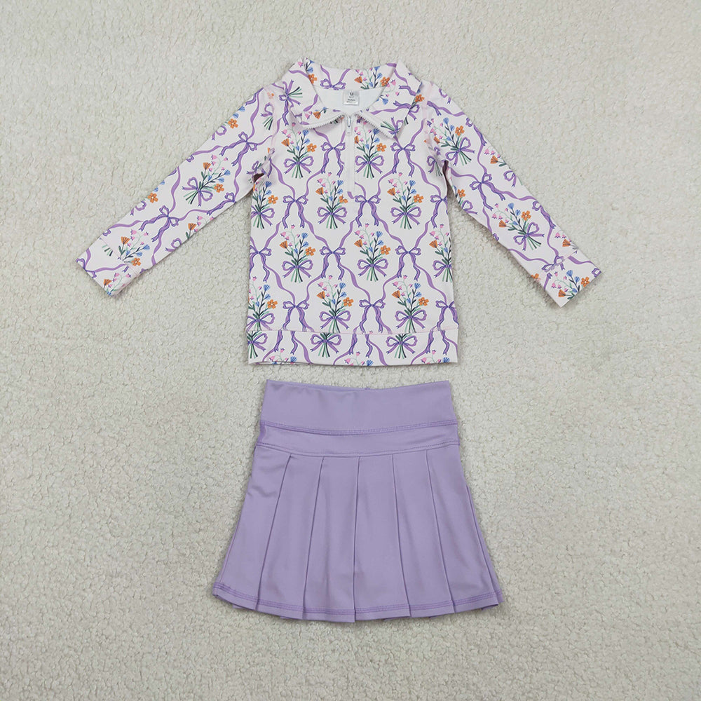 GLD1416 Flowers Bows Zipper Top Purple Skirts Shorts Girls Yoga Clothes Set