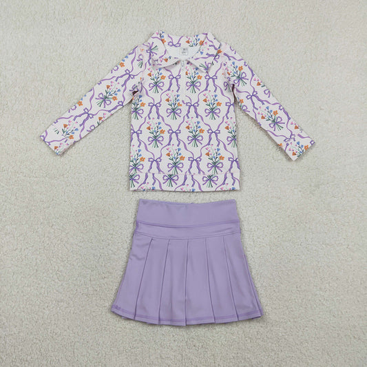 GLD1416 Flowers Bows Zipper Top Purple Skirts Shorts Girls Yoga Clothes Set