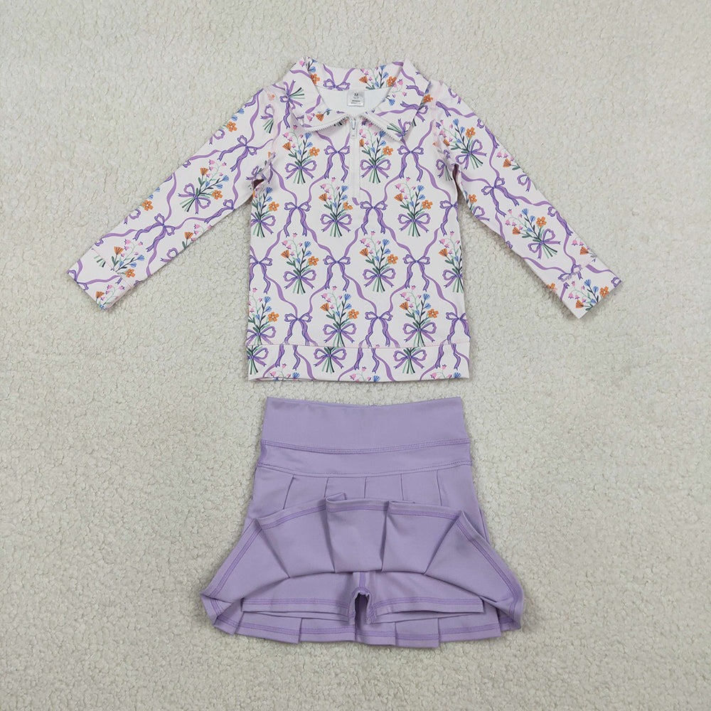 GLD1416 Flowers Bows Zipper Top Purple Skirts Shorts Girls Yoga Clothes Set