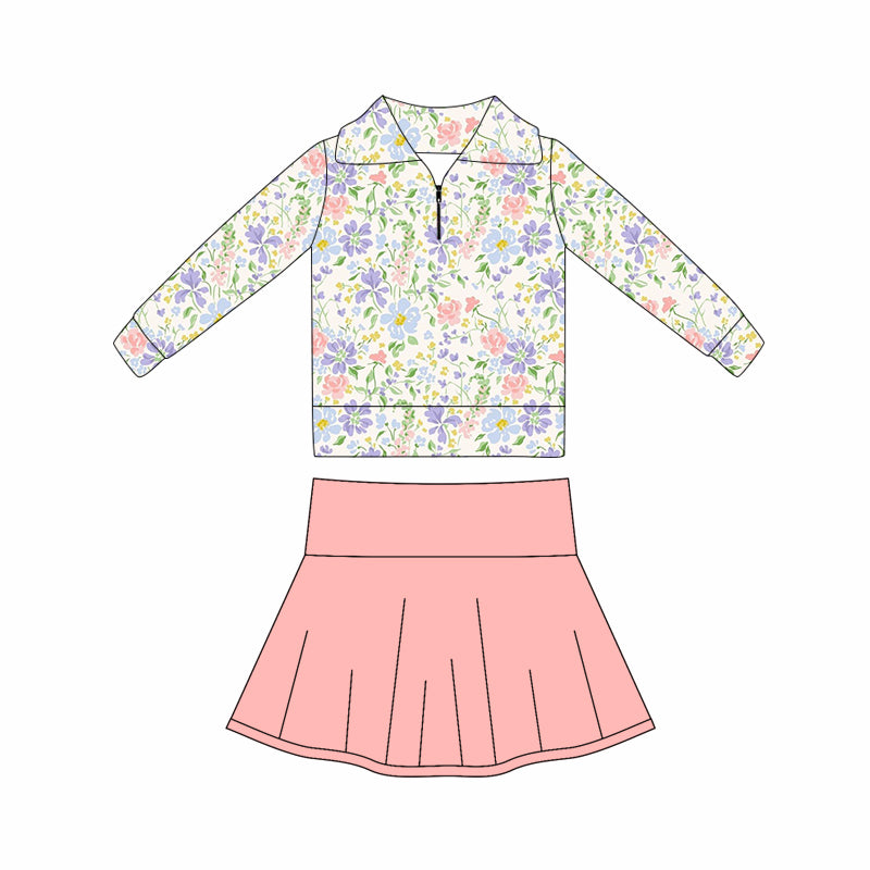 (Pre-order)GLD1420 Colorful Flowers Zipper Top Pink Skirts Girls Yoga Clothes Set