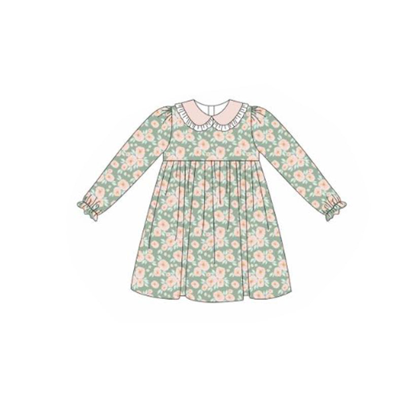 (Pre-order)GLD1421 Pink Flowers Print Girls Knee Length Dress