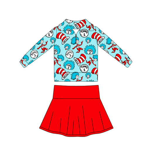 (Pre-order)GLD1422 Dr.Reading Blue Zipper Top Red Skirts Girls Yoga Clothes Set