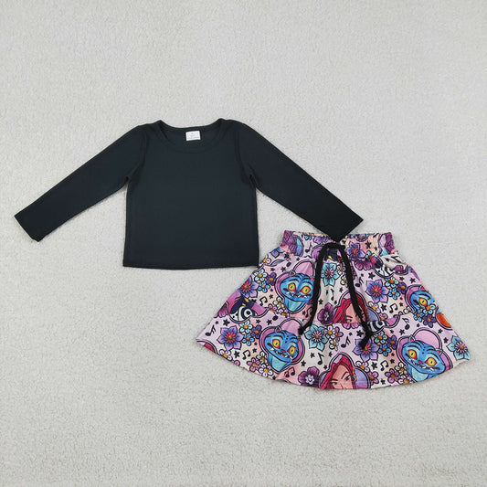 GLD1425 Black Top Cartoon Demon Movie Flowers Skirts Shorts Girls Clothes Set