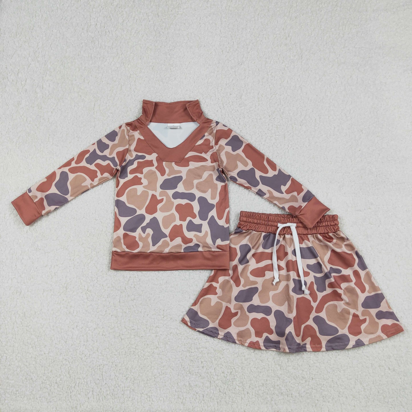 GLD1476 Brown Camo Top Skirts Shorts Girls Hunting Clothes Set