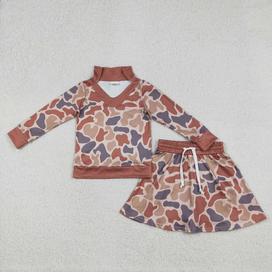 GLD1476 Brown Camo Top Skirts Shorts Girls Hunting Clothes Set