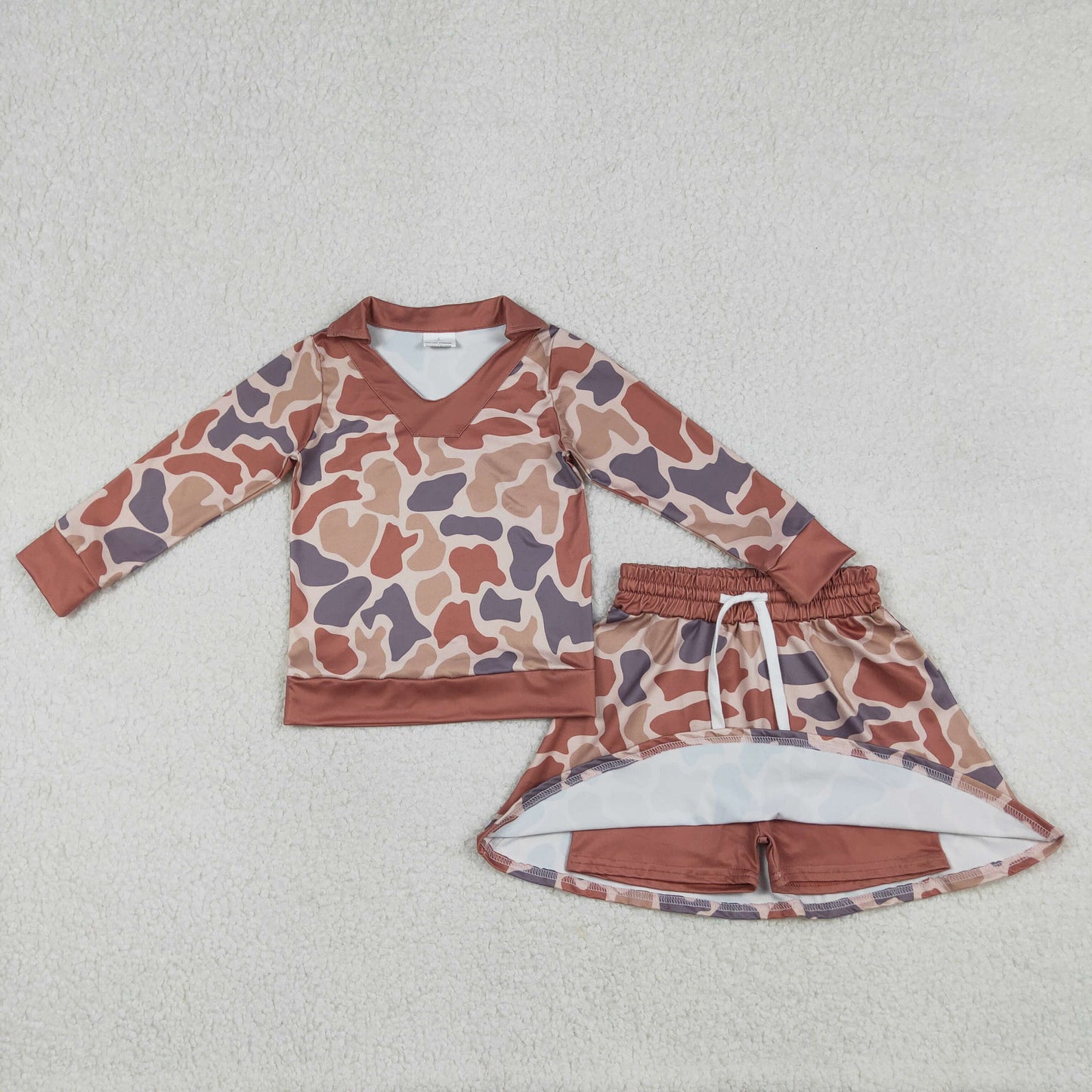 GLD1476 Brown Camo Top Skirts Shorts Girls Hunting Clothes Set