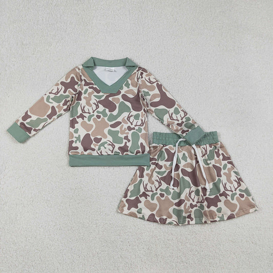 GLD1477 Green Brown Camo Top Skirts Shorts Girls Hunting Clothes Set