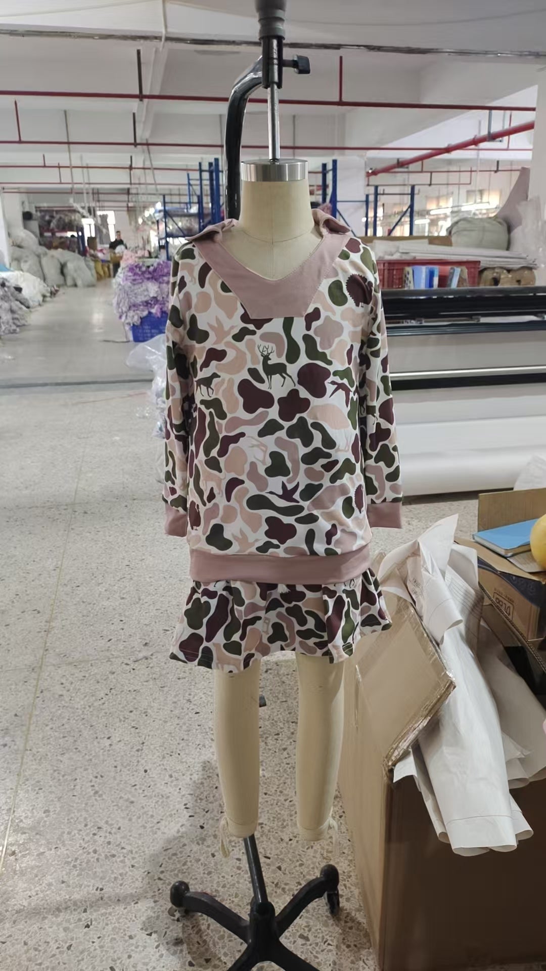 GLD1480 Khaki Camo Long Sleeve Top Skirts Shorts Girls Clothes Set