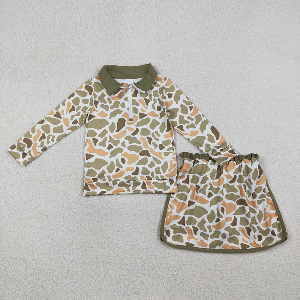3 Colors Camo Zipper Pullover Top Skirts Shorts Girls Clothes Set Sisters Wear