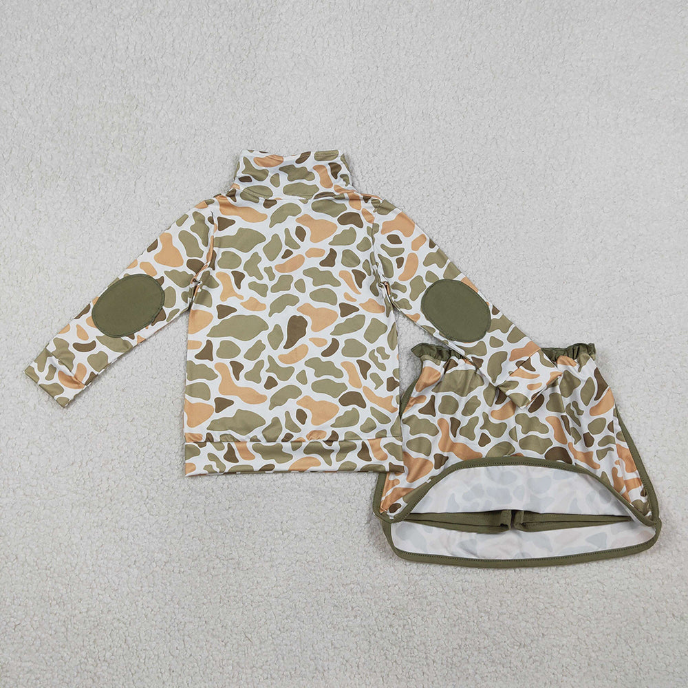 3 Colors Camo Zipper Pullover Top Skirts Shorts Girls Clothes Set Sisters Wear