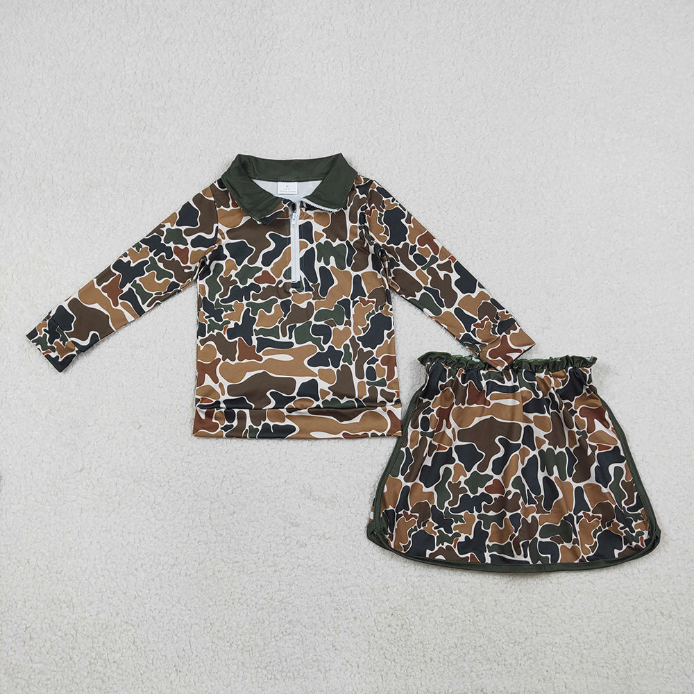 3 Colors Camo Zipper Pullover Top Skirts Shorts Girls Clothes Set Sisters Wear