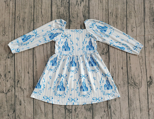 (Pre-order)GLD1567 Castle Bows Blue Print Girls Knee Length Dress