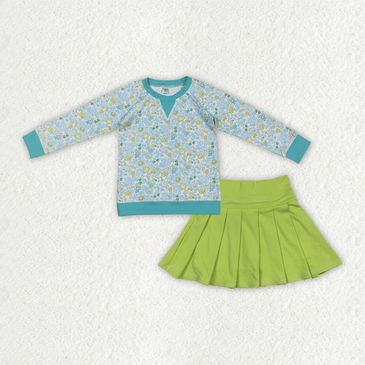 GLD1570 Flowers Top Green Skirts Shorts Girls Yoga Clothes Set