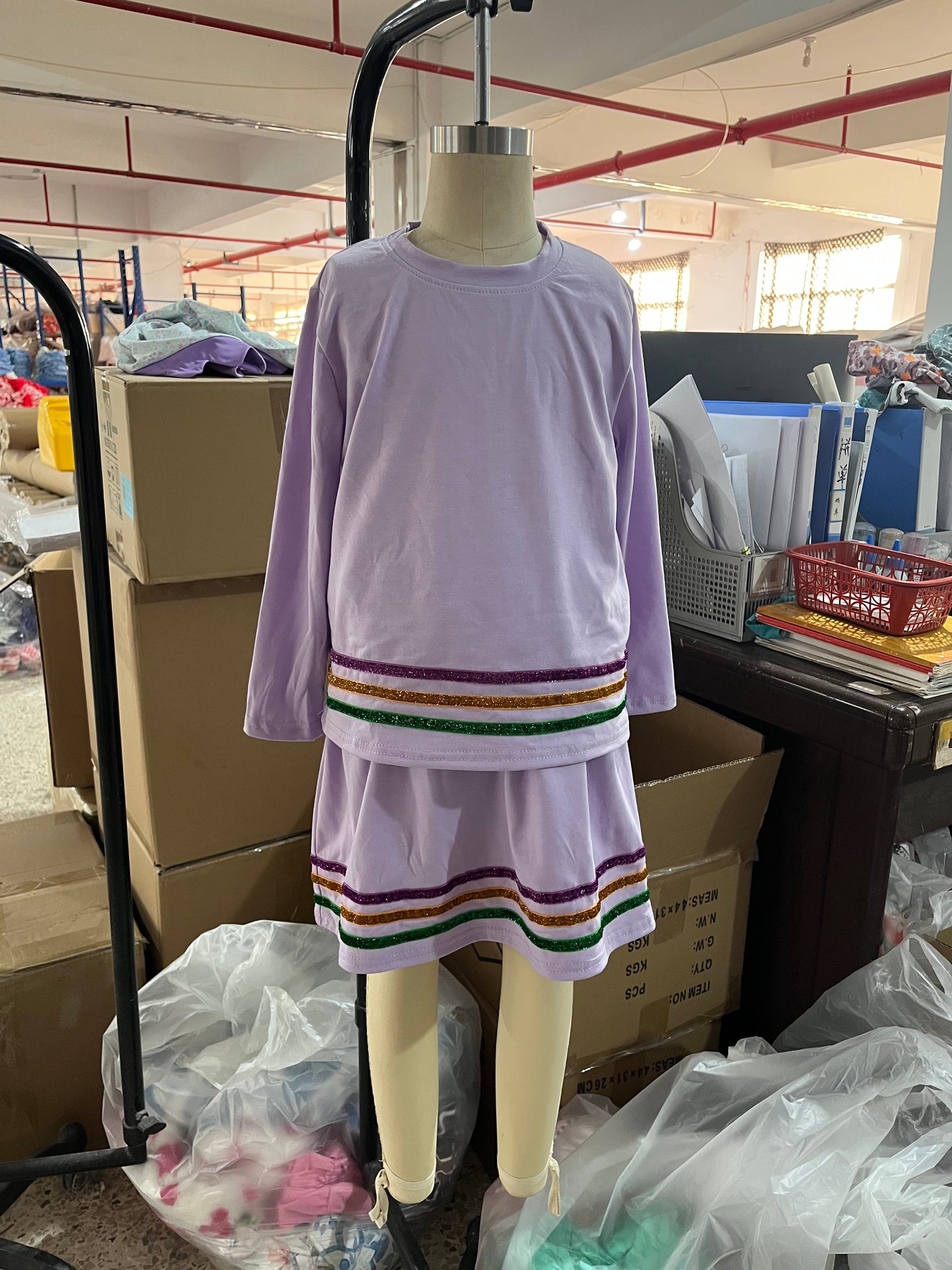 GLD1573  Purple Long Sleeve Top Skirts Shorts Girls Mardi Gras Clothes Set