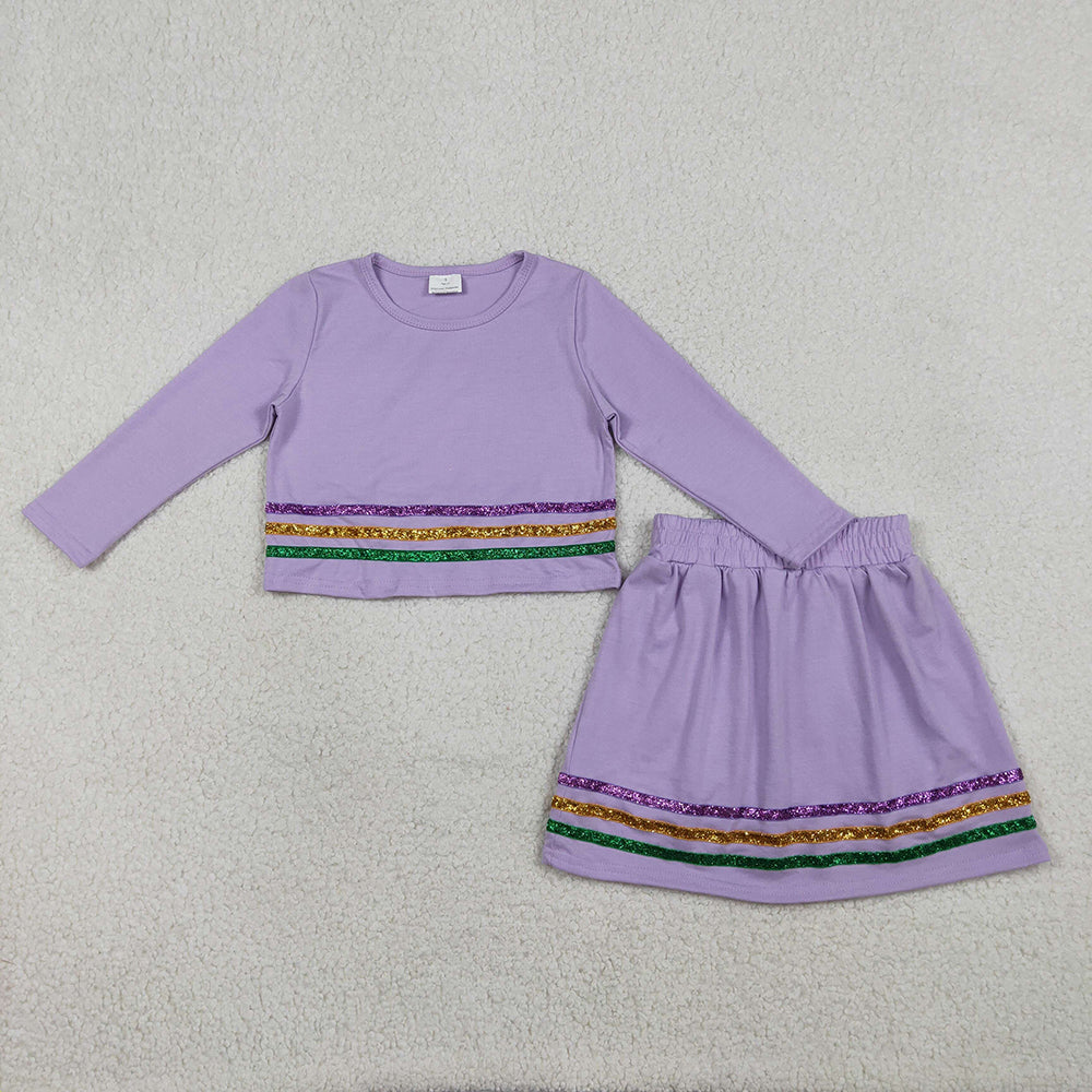 GLD1573  Purple Long Sleeve Top Skirts Shorts Girls Mardi Gras Clothes Set