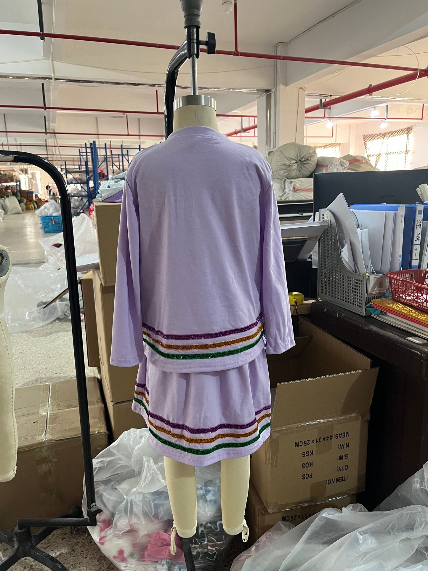 GLD1573  Purple Long Sleeve Top Skirts Shorts Girls Mardi Gras Clothes Set