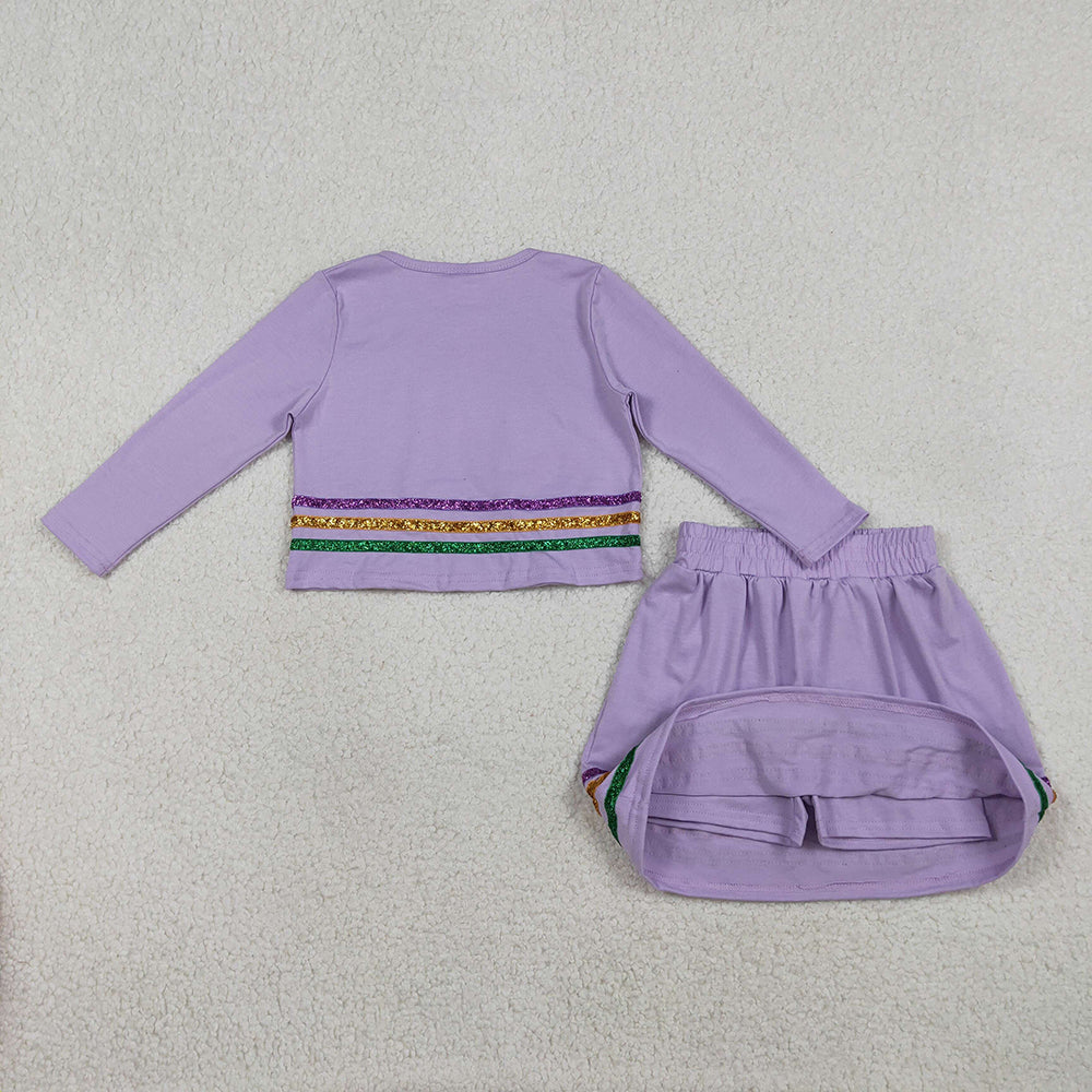 GLD1573  Purple Long Sleeve Top Skirts Shorts Girls Mardi Gras Clothes Set