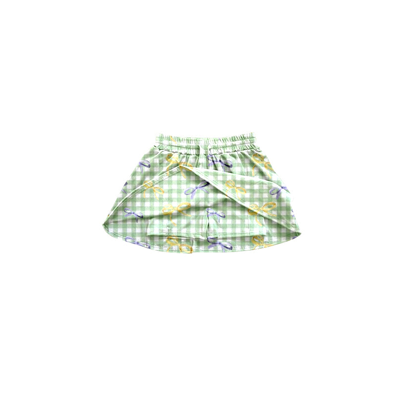 (Pre-order)GLK0036   Bows Green Plaid Print Girls Mardi Gras Skirts With Shorts