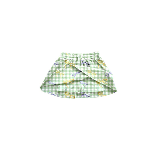 (Pre-order)GLK0036   Bows Green Plaid Print Girls Mardi Gras Skirts With Shorts