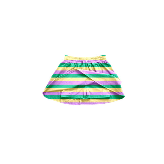 (Pre-order)GLK0037   Purple Green Stripes Print Girls Mardi Gras Skirts With Shorts