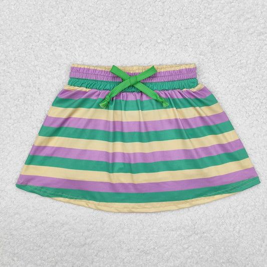 GLK0037   Purple Green Stripes Print Girls Mardi Gras Skirts With Pockets Shorts