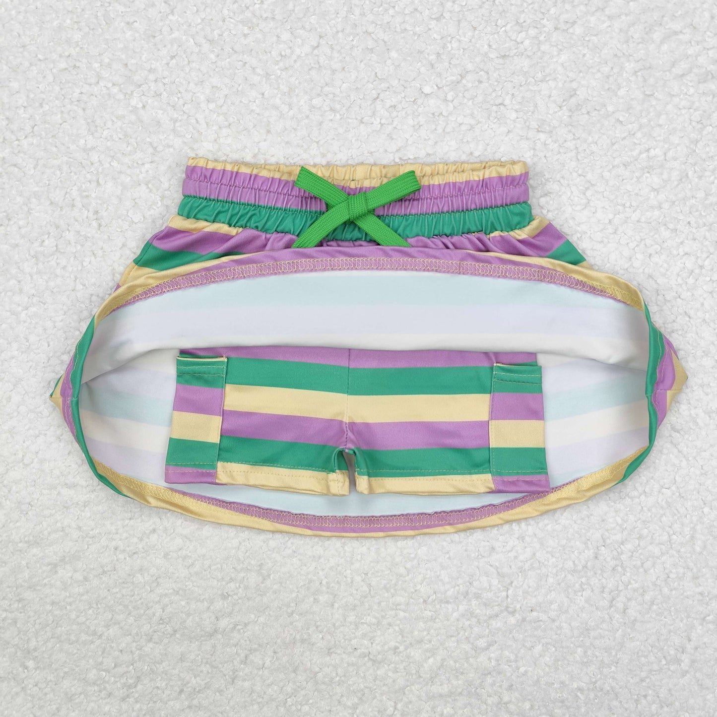 GLK0037   Purple Green Stripes Print Girls Mardi Gras Skirts With Pockets Shorts