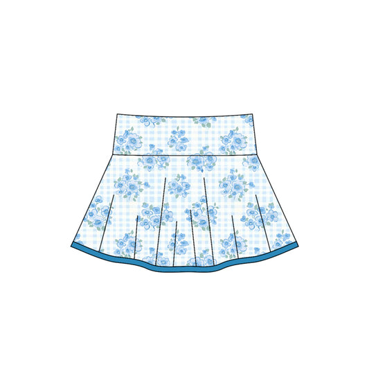 (Pre-order)GLK0103 Blue Flowers Plaid Print Girls Summer Bottom Yoga Skirts