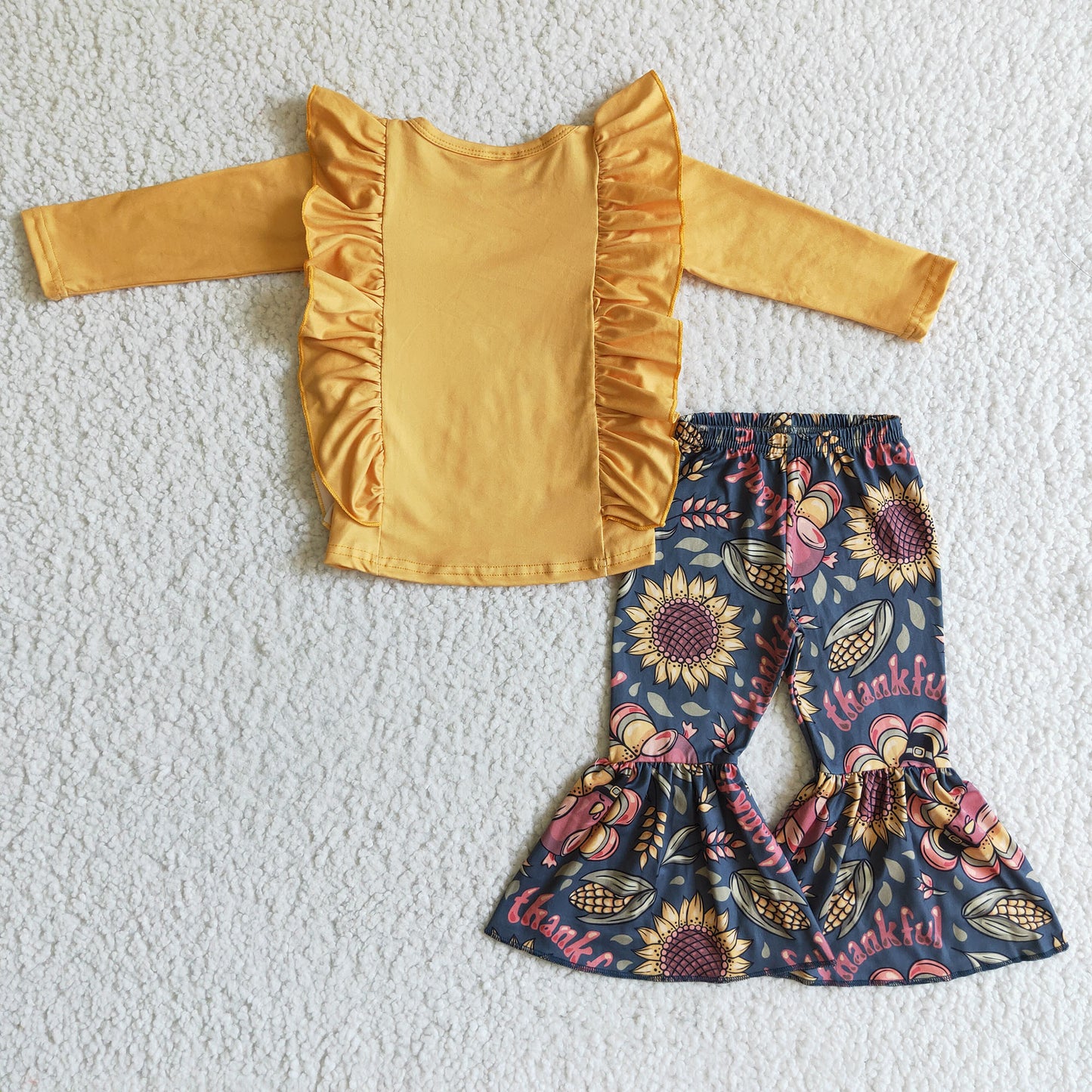(Promotion)Turkey Ruffle Top Sunflowers Bell Pants Girls Thanksgiving Outfits       GLP0201