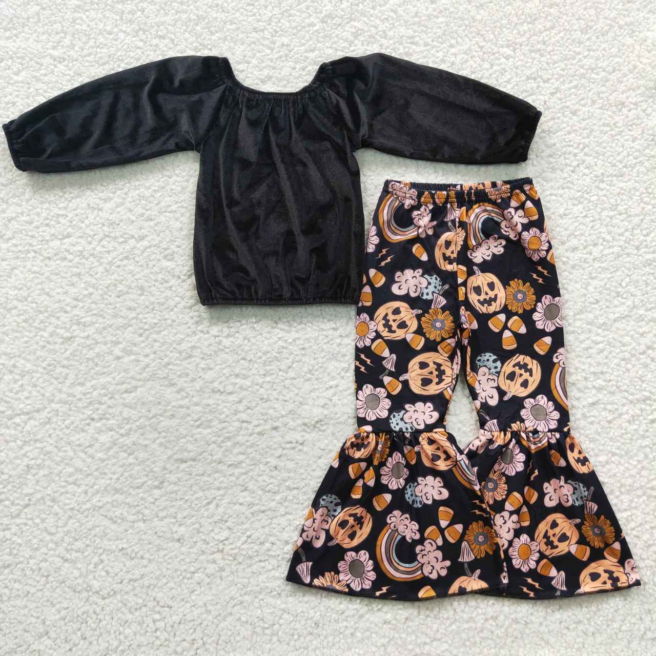 GLP0436 Girls velvet black off shoulder elastic fall top flowers pumpkin bell pants Halloween outfits